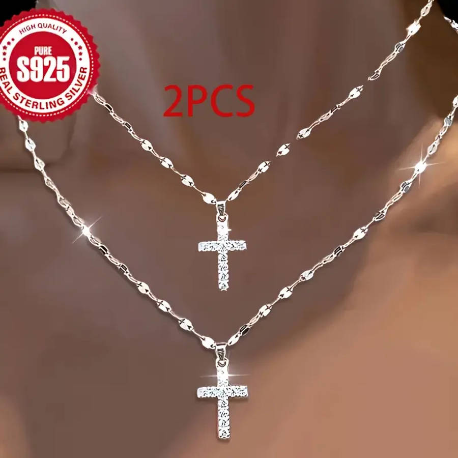 2 Piece 925 Silver Lip-Shaped Necklace with Cross Pendant