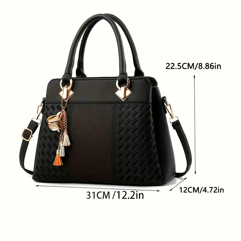 Elegant Embroidered Tote Bag with Tassel Charm Vintage Soft Faux Leather Versatile Crossbody Shoulde