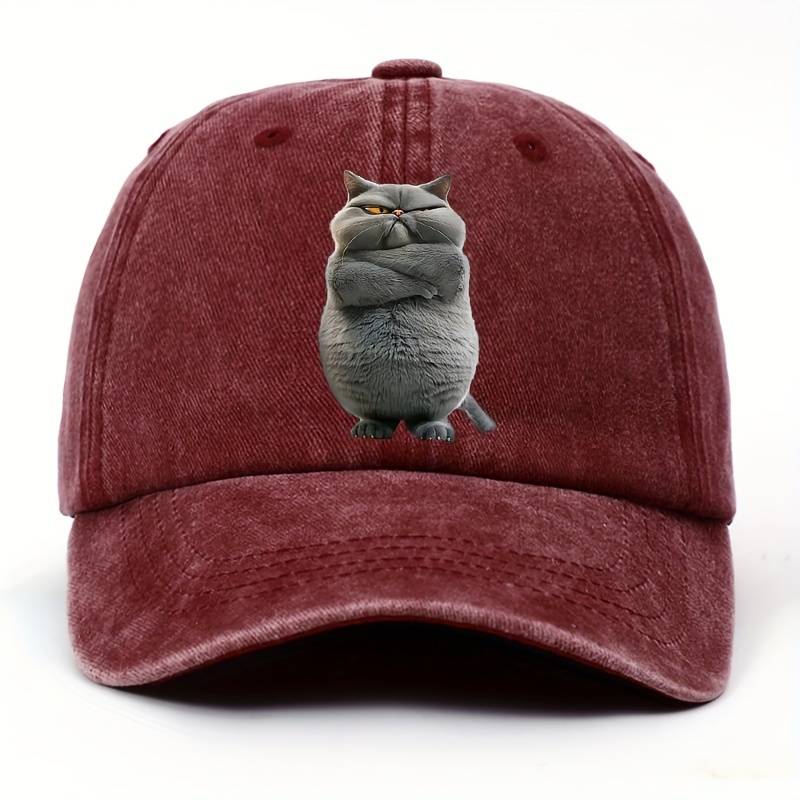 1pc Adjustable Cotton Baseball Cap with Funny Cat Print Unisex Vintage Washed Hat Pre-Curved Sun
