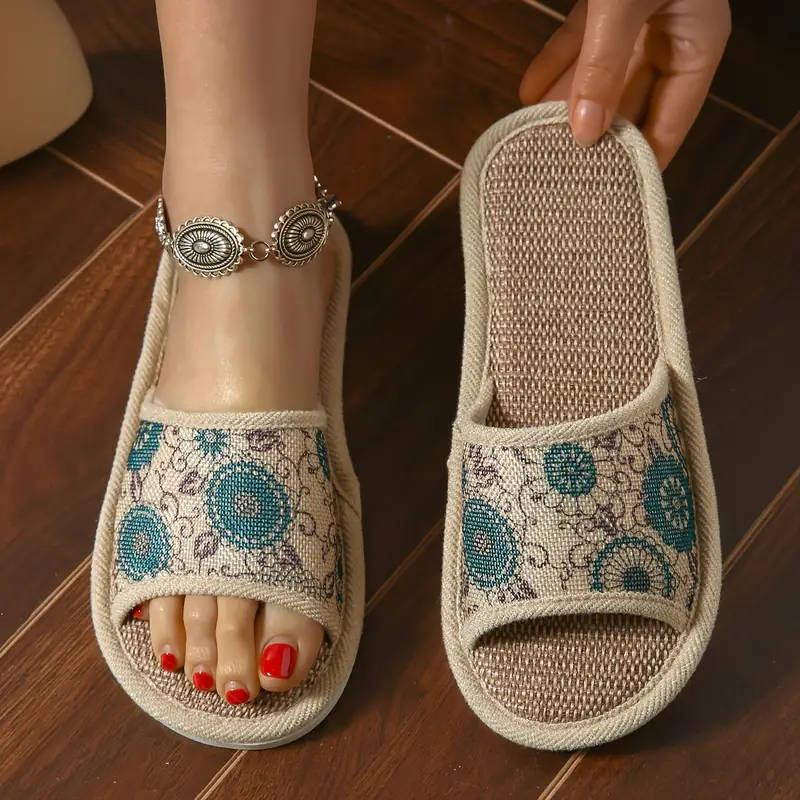 Floral Linen Breathable Open Toe Flat Shoes