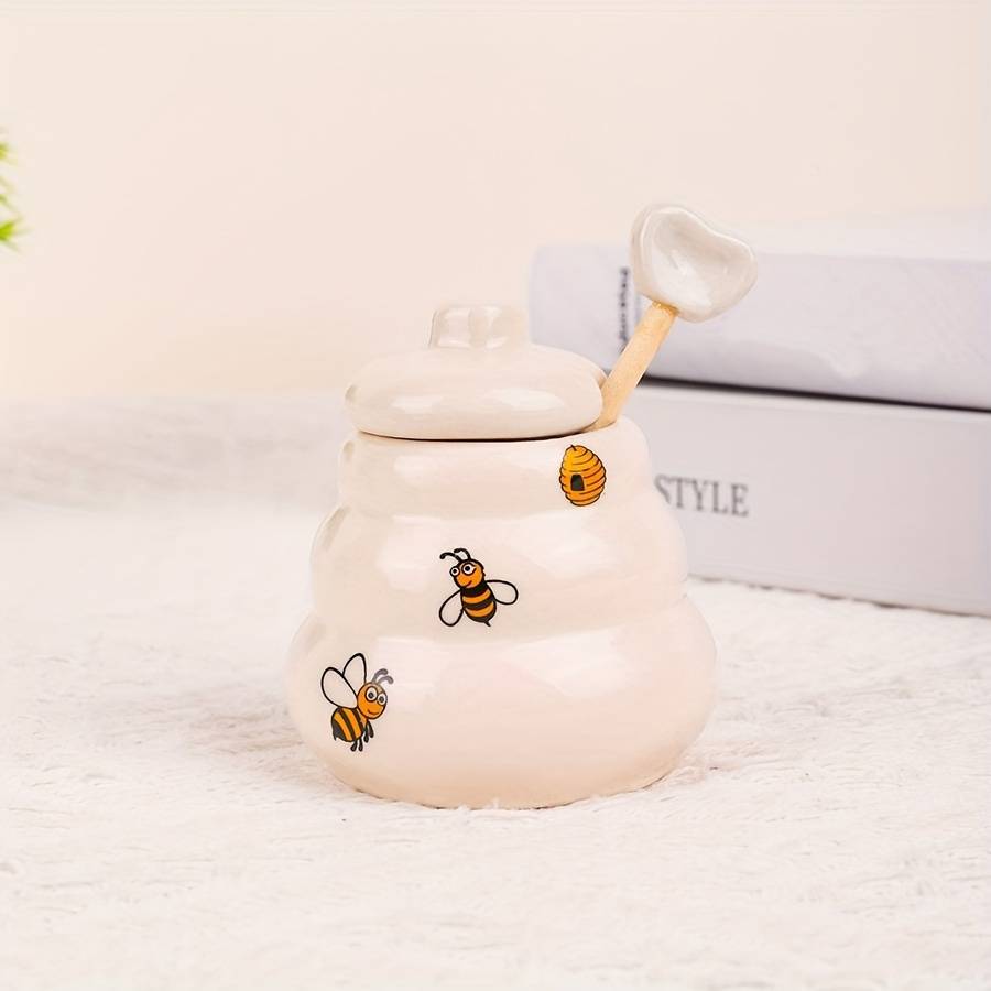 1pc Ceramic Bee Honey Pot with Handle Polished Metal Finish Square Pattern Creative Kitchen Spic