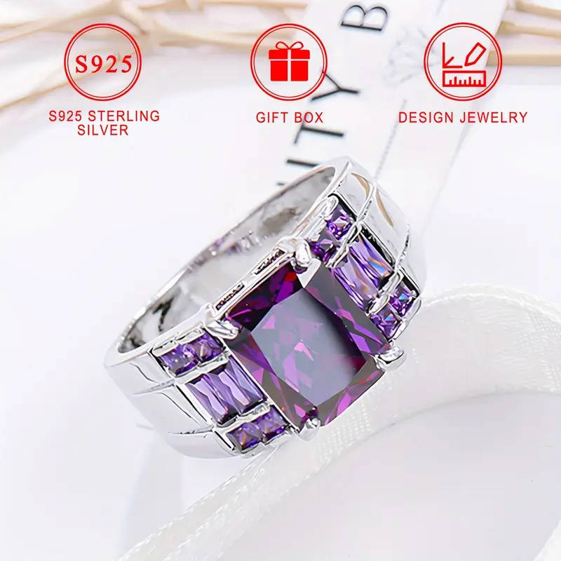 925 Sterling Silver Ring with Square Purple Synthetic Zirconia