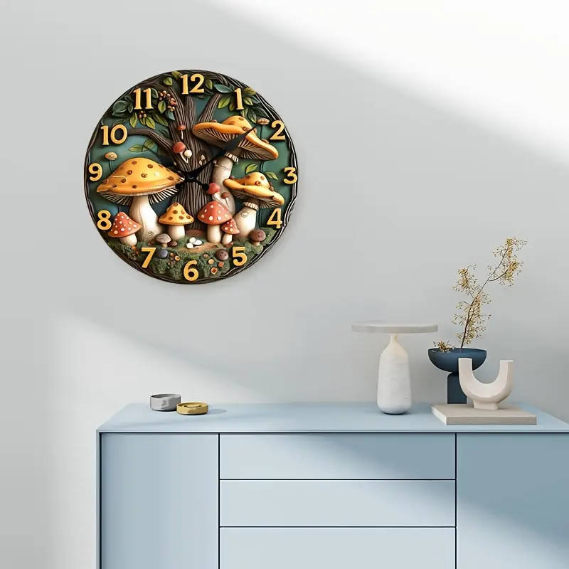1pc Creative Wooden Wall Clock with 3D Mushroom and Tree Design Silent Analog Clock for Living Room
