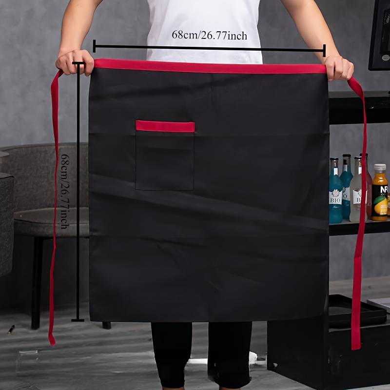 1pc Men's Black Canvas Chef Apron with Red Stripe Half-Length Server Kitchen Work Apron Durabl