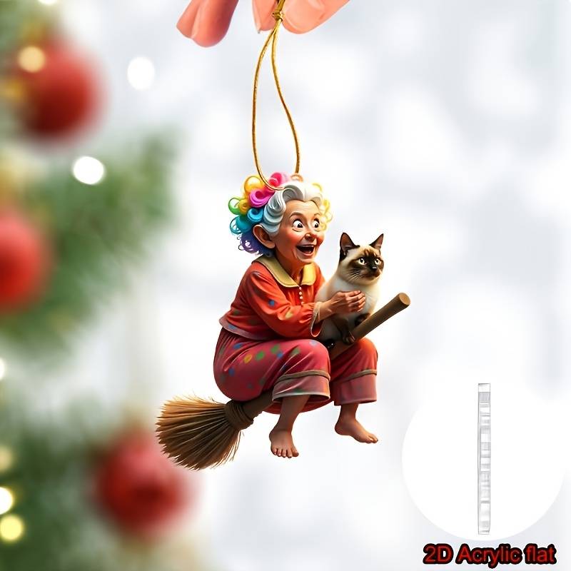 1pc 2D Flat    Whimsical Acrylic Ornament- Grandma on a Broom with a Cat  Perfect for car