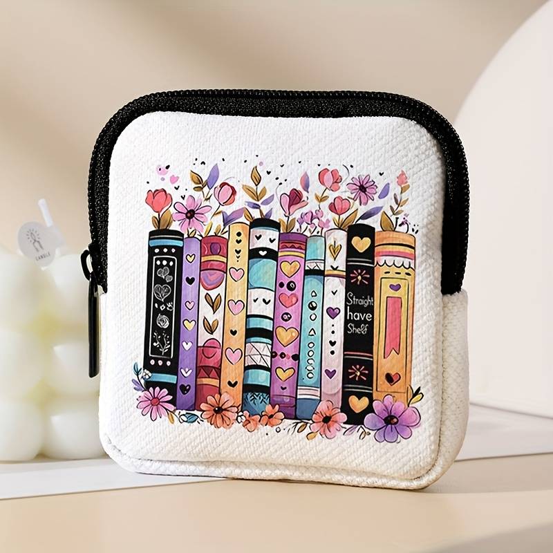 1pc 1pc Flower and Book Pattern Printed Coin Purse with Buckle and Zipper Pockets Multifunctional
