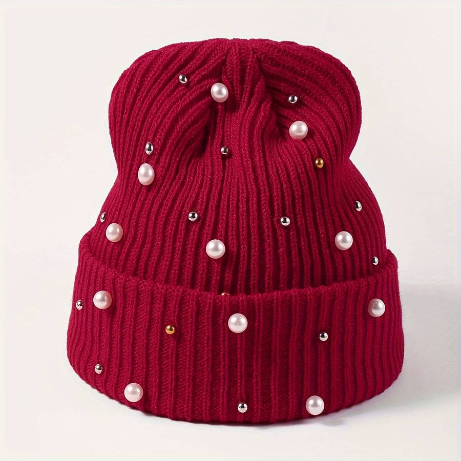 1pc of Women'S Fashion Pearl Decorated Knitted Hat Without Brim Suitable for Autumn And Winter