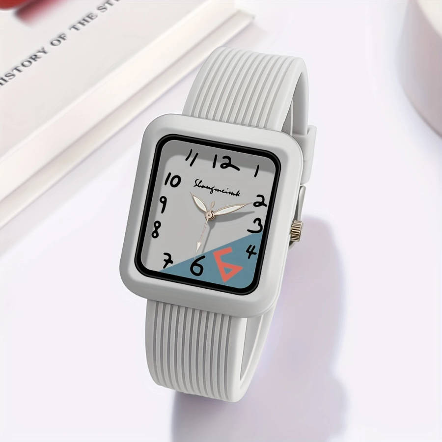 1pc Fashionable Quartz Watch With Striped Silicone Strap Colorblock Dial Rectangular Case Elegant