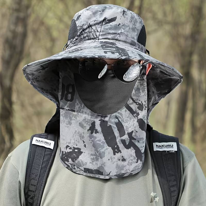 1pc Men's Camo Sun Protection Hat with Neck Flap Mask Foldable Breathable Polyester for Outdoo