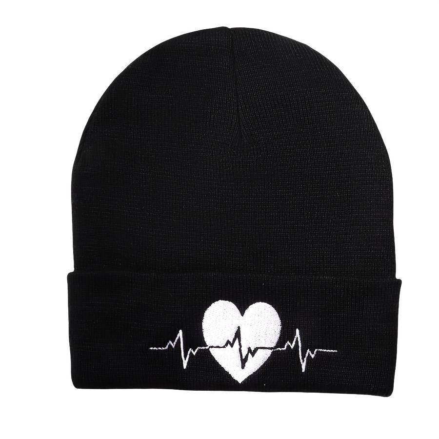 1pc Heartbeat Embroidered Beanie Soft Acrylic Knit Winter Hat Elastic Lightweight Machine