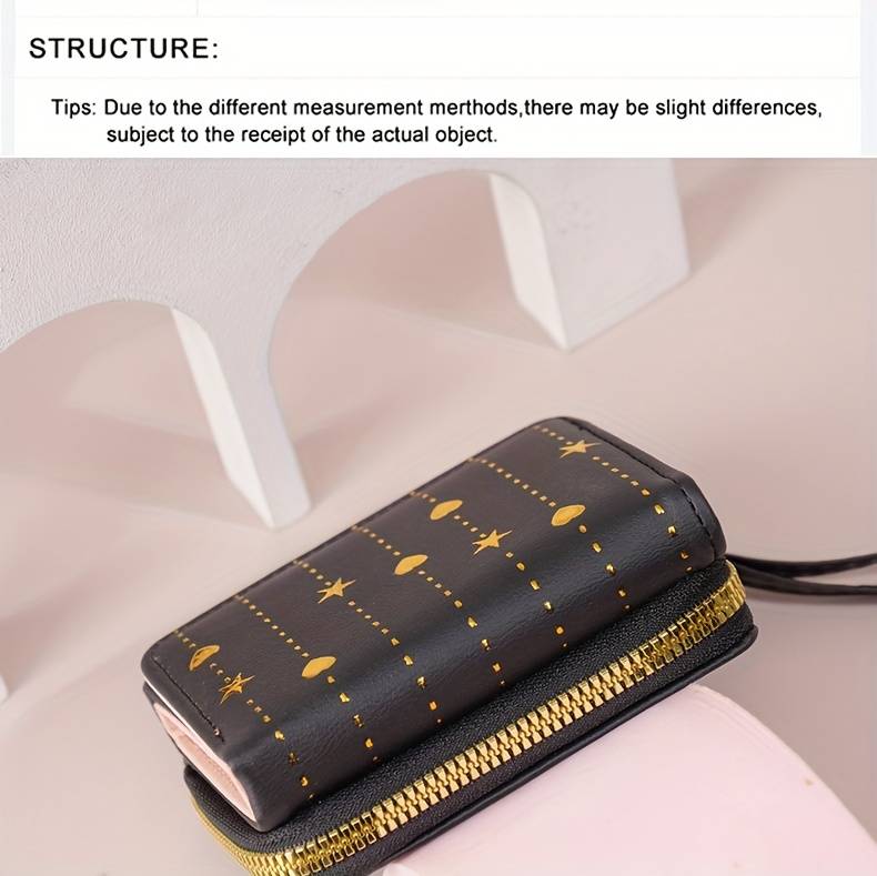 1pc 2025 Newest Women'S Fashionable Short Wallet Black with Golden Star and Heart Design Slim Mu
