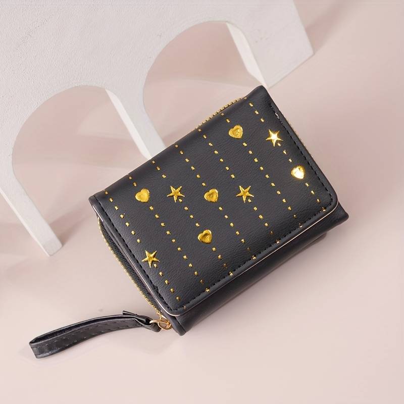 1pc 2025 Newest Women'S Fashionable Short Wallet Black with Golden Star and Heart Design Slim Mu