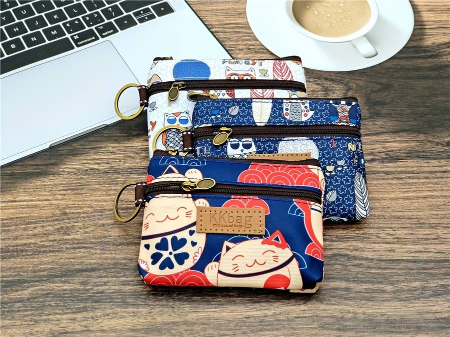 1pc KKBAG Mini Cute Cartoon Coin Purse in Beige with Colorful Animal Design Portable Credit C