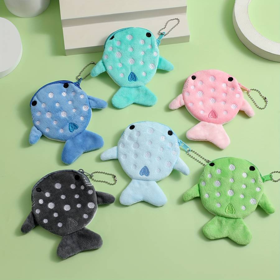 1pc Mini Whale Charm Coin Pouches Adorable Whale Designs Soft Polyester Hand Washable Zipper C