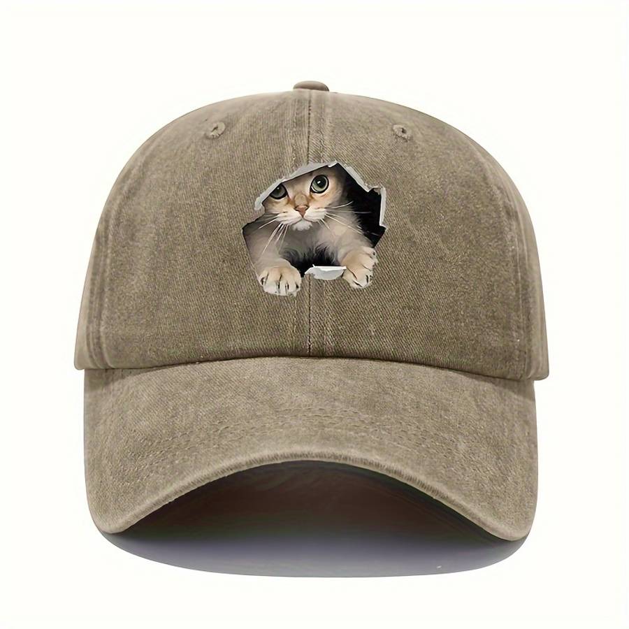 1pc Vintage Washed Cotton Baseball Cap with 3D Cat Print Adjustable Stretch Fit Lightweight All-S