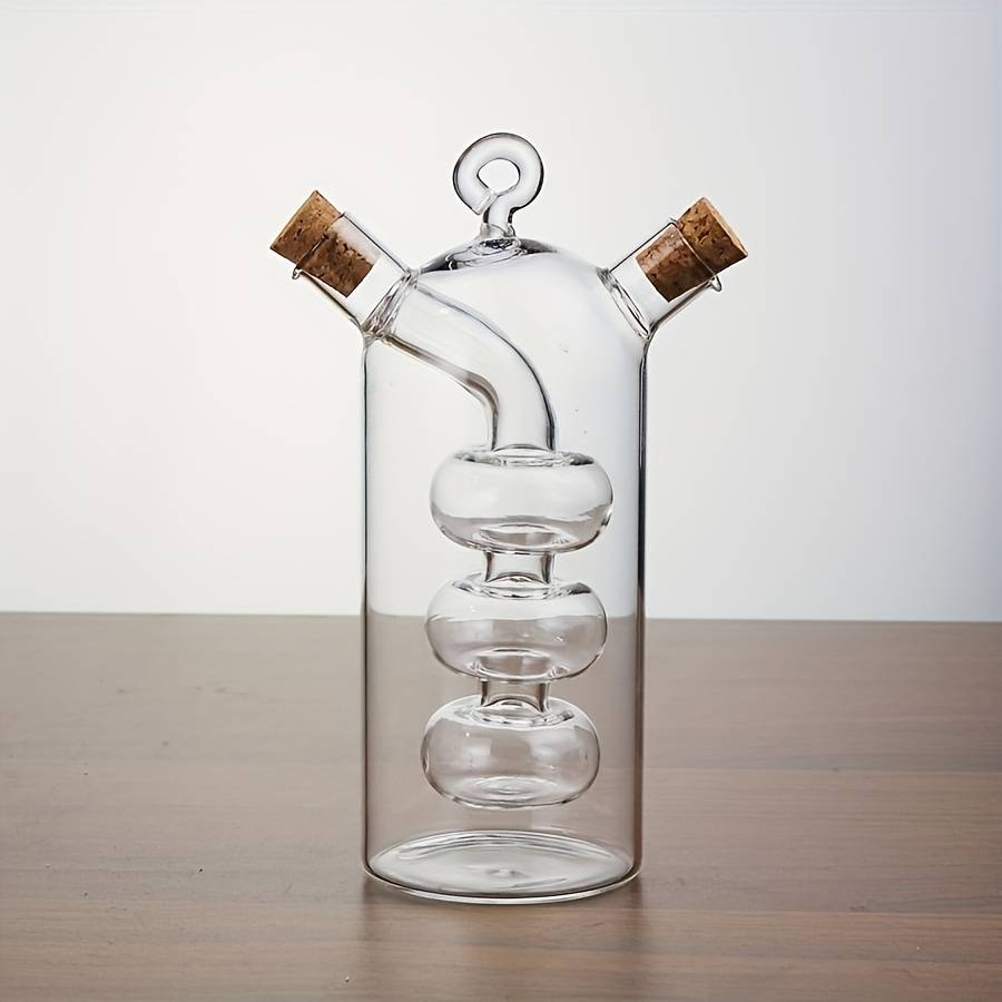 1pc 2-in-1 Glass Olive Oil and Vinegar Dispenser with Cork Stopper Clear Kitchen Container Dual