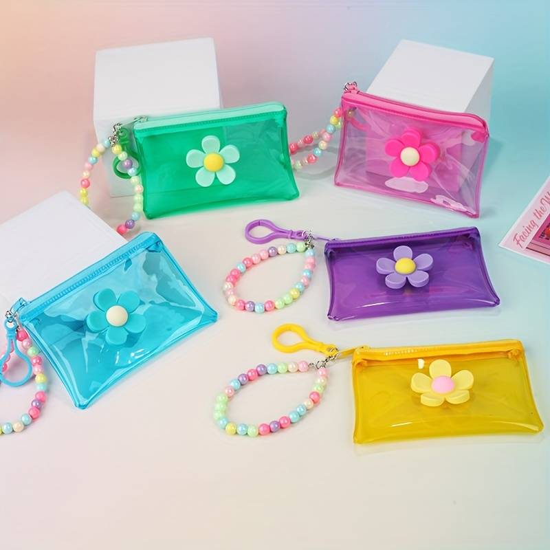 1pc Trendy Transparent PVC Coin Purse with Beaded Chain Compact Key Card Holder Zip Closure E