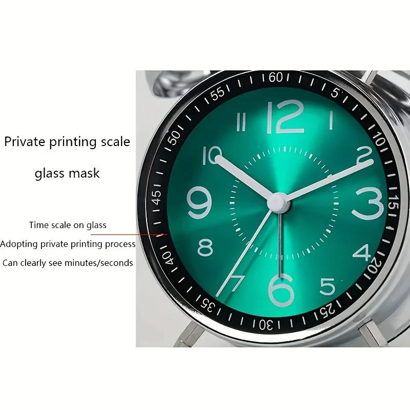 1pc Chic Metal Alarm Clock with Glass Face Luminous Silent Quartz Movement Anti-Fall Design
