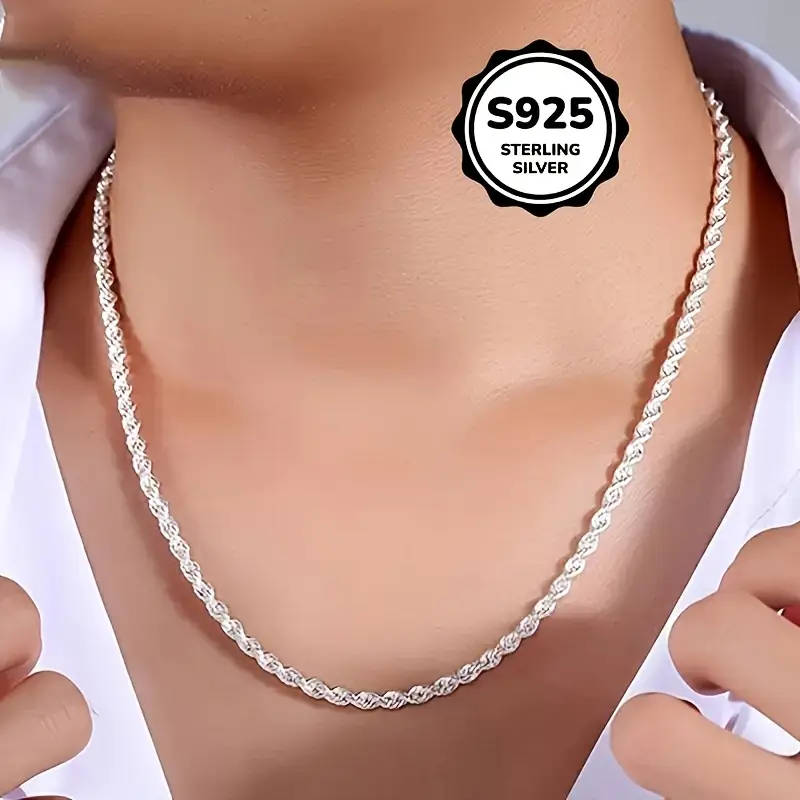 925 Sterling Silver Twisted Rope Necklace, Simple Hip-Hop Style, Shiny Basic Chain