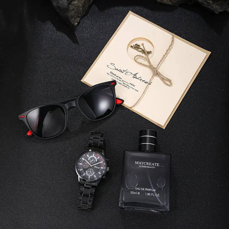 Set of 3 Including a Stylish Men'S Quartz Watch Perfume And Glasses Packaged As a Gift Box Perfect f