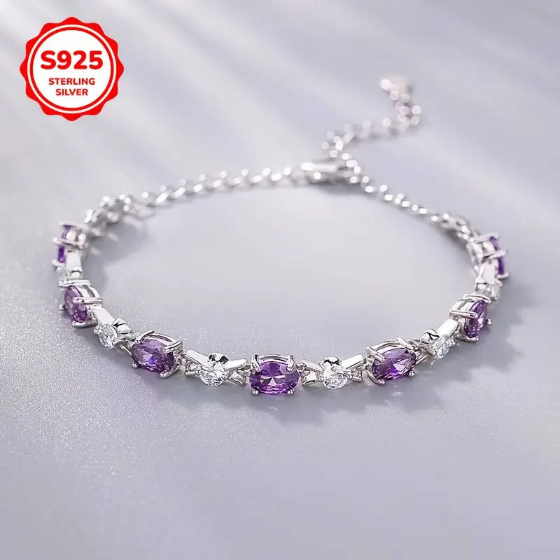 925 Sterling Silver Plated Purple Synthetic Zirconia Chain Bracelet