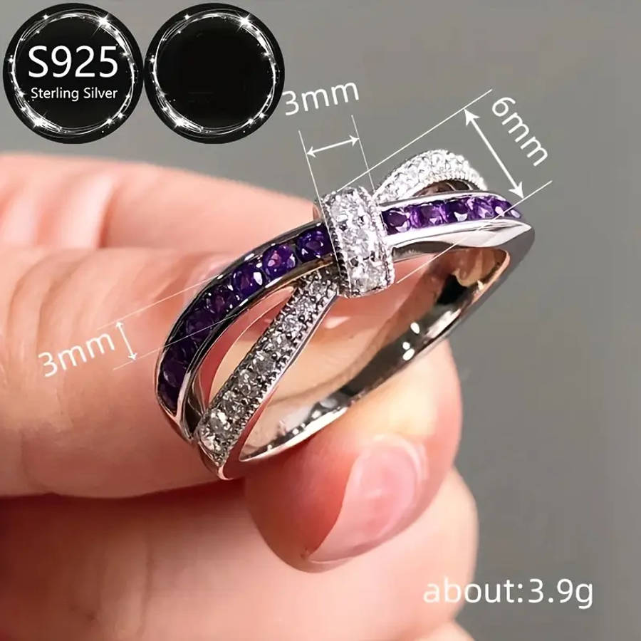 Elegant 925 Silver Ring with Sparkling Purple Cubic Zirconia