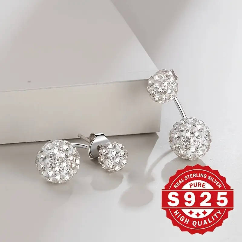 Pair of Women's Rhinestone Ball Earrings, 925 Sterling Silver Plated