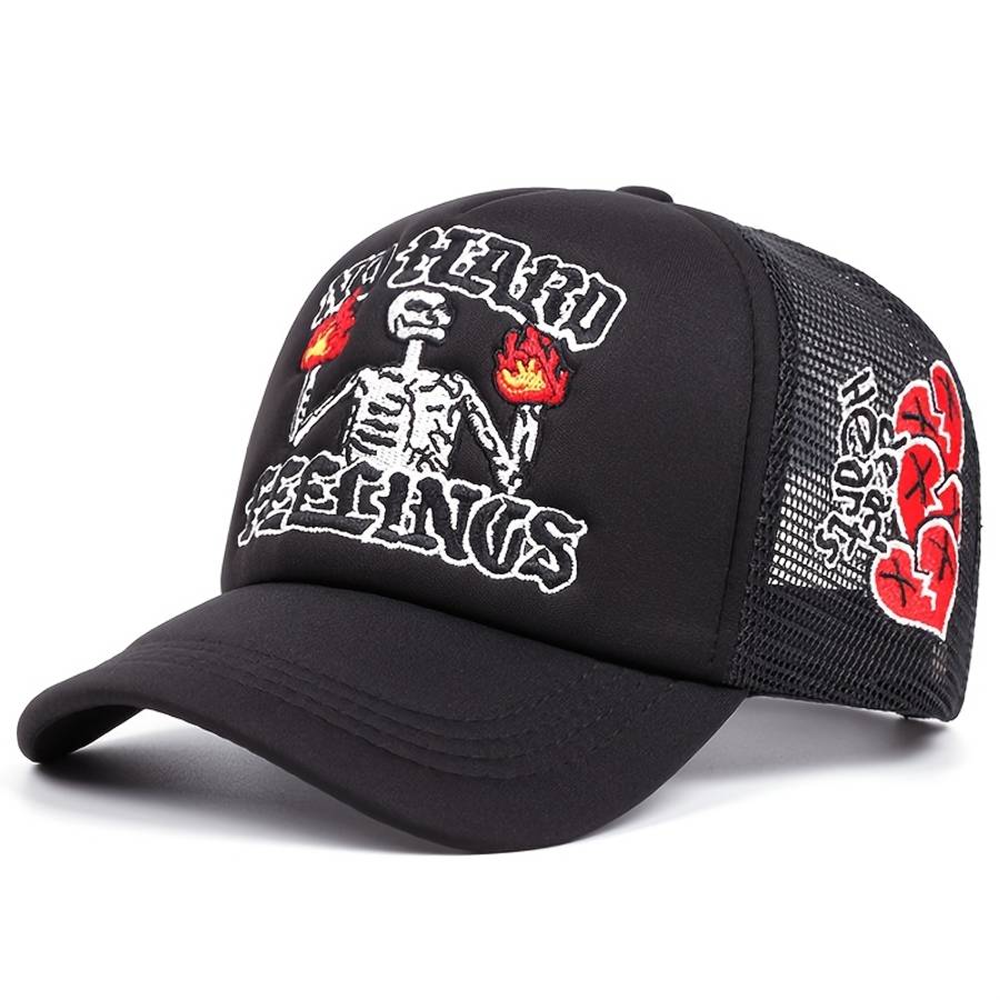 Flame Skull Rose Embroidered Baseball Cap Lightweight Adjustable Snapback