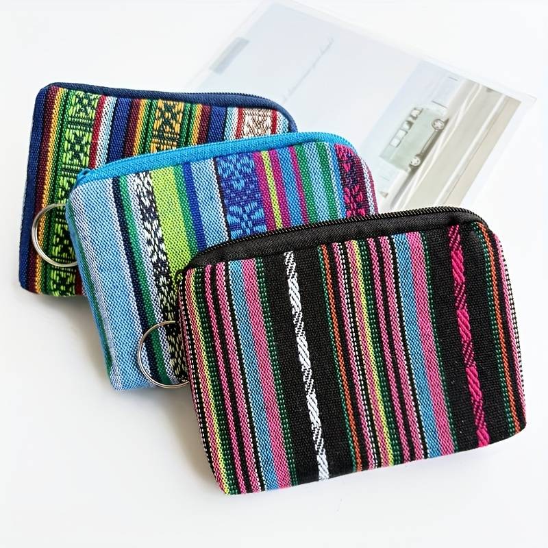 1pc Boho-Chic Retro Striped Canvas Zipper Wallet Lightweight Clutch with Coin Pocket Multifuncti