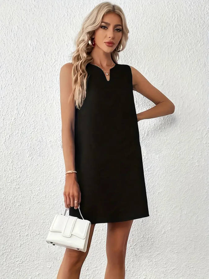 Notched Neck Plain Color Tank Dress