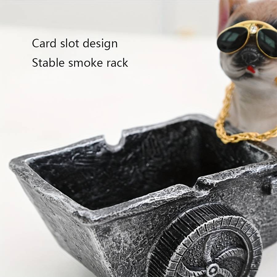 1pc Art Deco Resin Dog Ashtray with Glasses and Golden Chain Creative Decorative Pet Cart Design