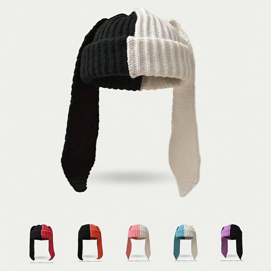 1pc Perfect Breathable Rabbit Ear Beanie Chic Colorblock Knit Rabbit Ear Beanie for Women Stret
