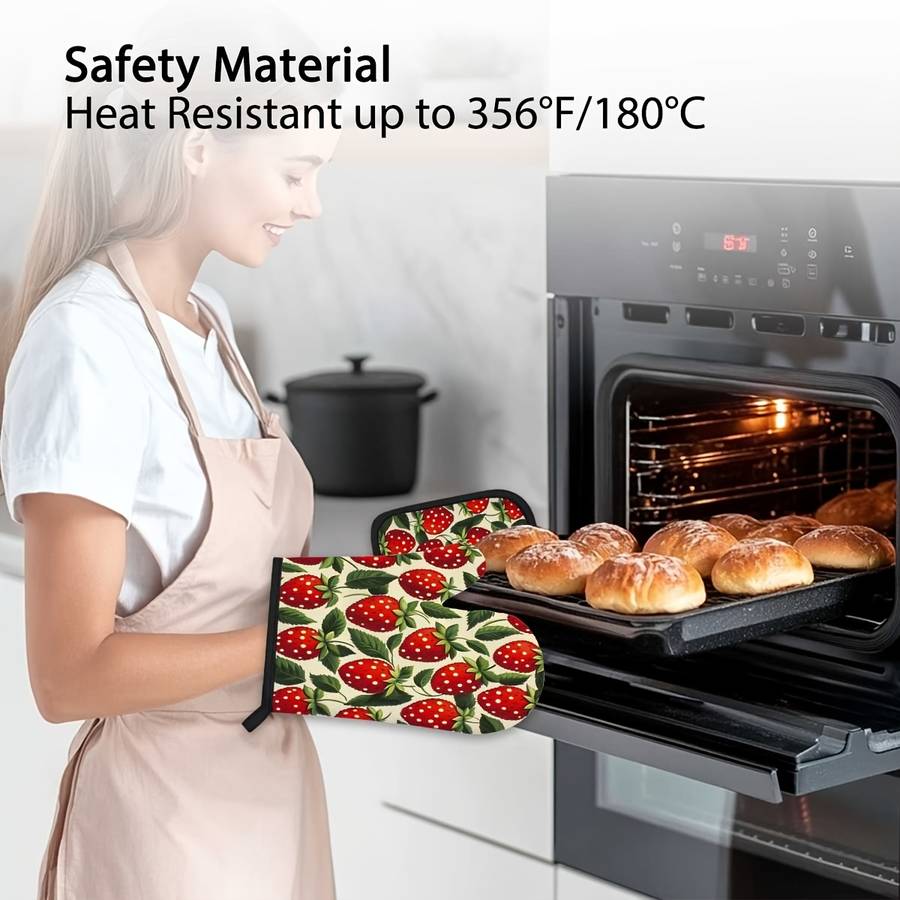 2pcs Vintage Strawberry Kitchen Mitts Pot Holders Set Heat Resistant Microwave Gloves Pa