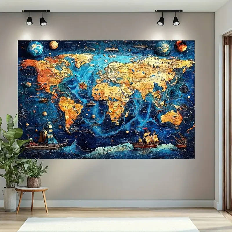 BIG!!! Colorful Relief World Map Printed Banner - Durable Fabric with Vibrant Mixed Colors