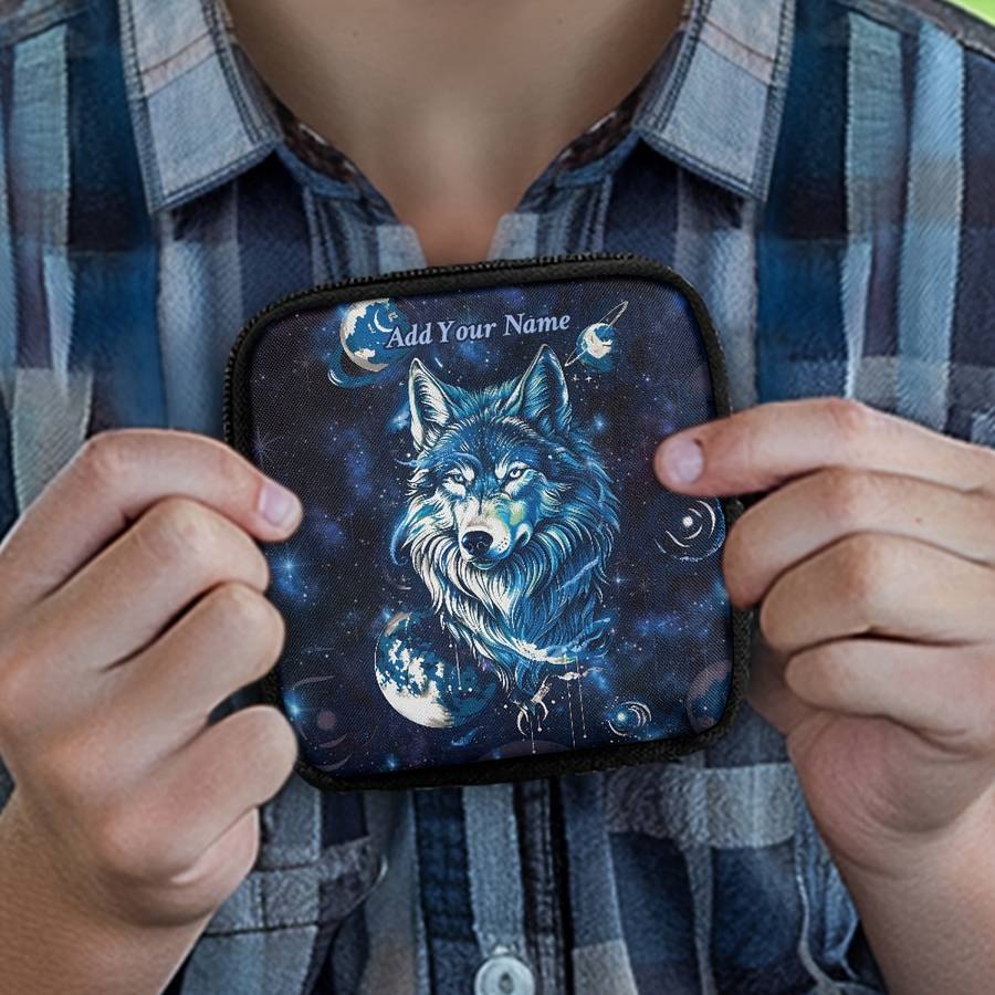 1pc Starry Arctic Wolf Coin Purse Customizable Name Black Polyester Mini Wallet with Keychai