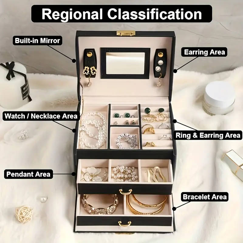 1pc Elegant Black Faux Leather 3-Tier Jewelry Organizer Box with Pink Interior Detachable Tray Mirro