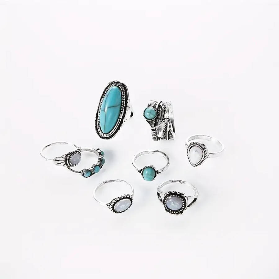8pcs Vintage Boho Turquoise Mosaic Alloy Ring Set