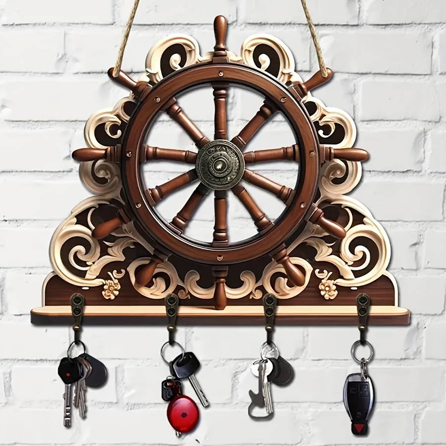 1pc Nautical Rudder Wall Key Holder with 4 Metal Hooks Manufactured Wood Hanging Storage General F