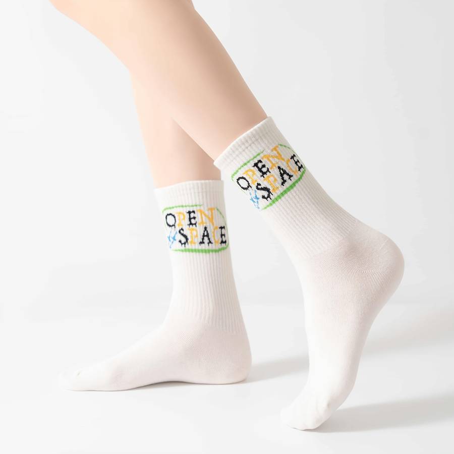 4 Pairs Of Blue Socks With White Letters One Size High Elastic Socks