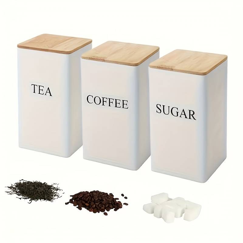LDQ Set of 3 Iron Kitchen Canisters with Wooden Lids Washable Uncharged Engraved Label Stor