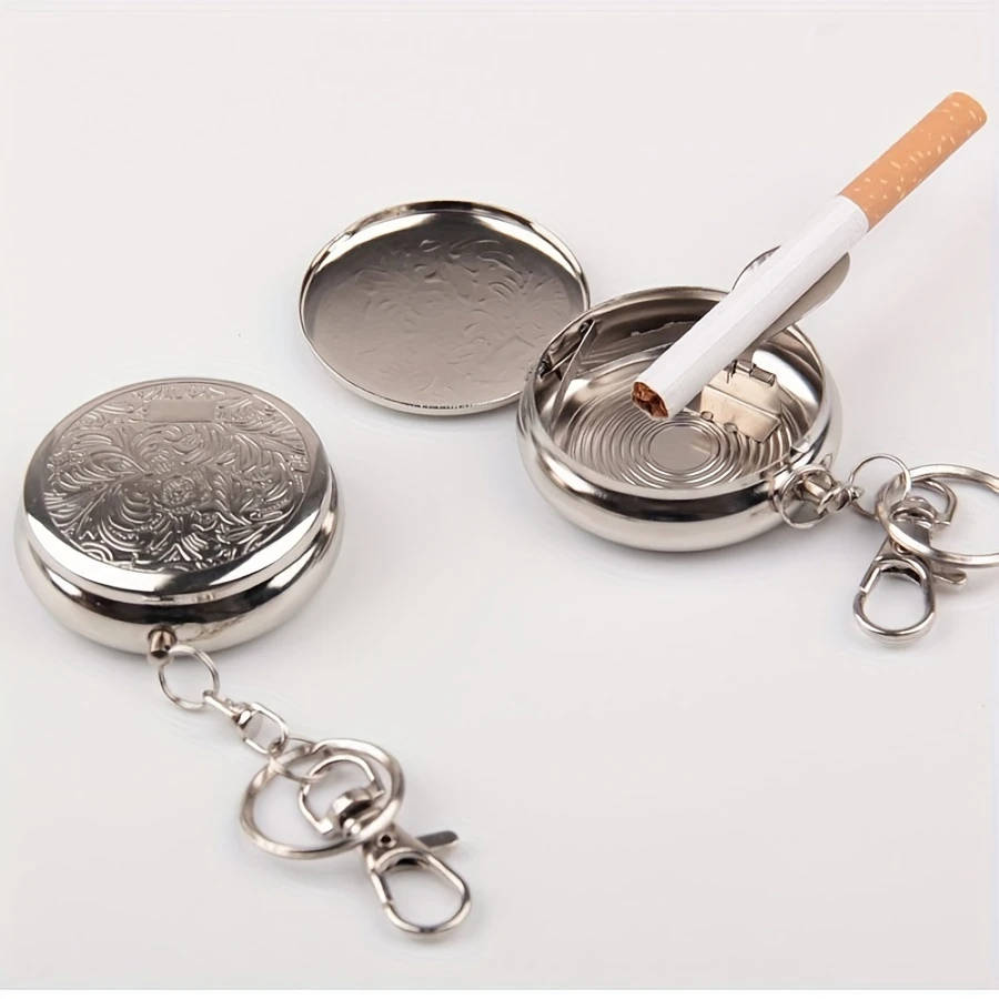Stainless Steel Round Ashtray With Key Ring No Battery Required Color Sent Randomly