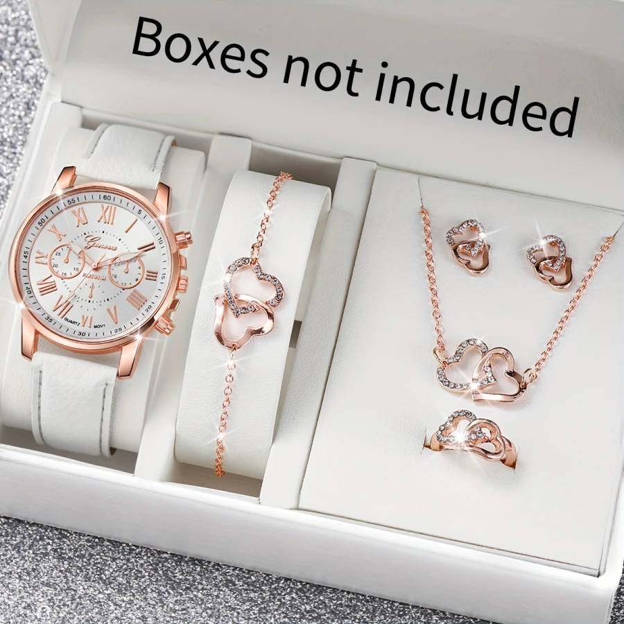 6pcs set Elegant Women'S Quartz Watch with Roman Numerals Dial and Jewelry Set Round Alloy Case PU L