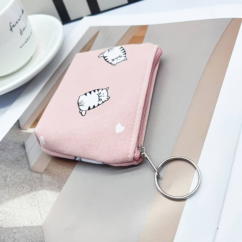 1pc Cute Cat Print Canvas Coin Pouch Portable Fashionable Zipper Wallet with Whimsical Blue