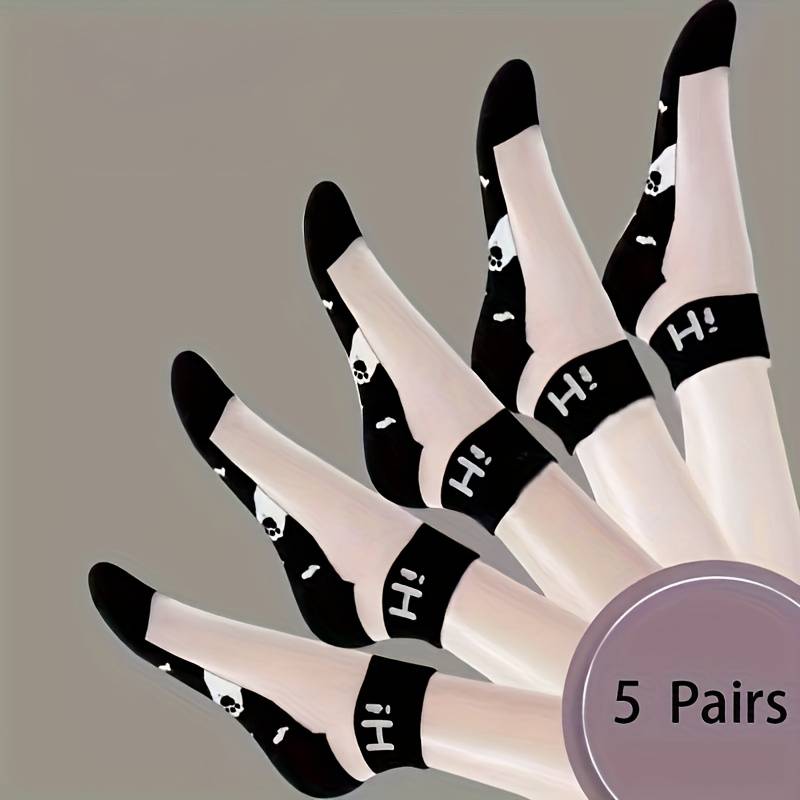5 Pairs Black And White Cat Mixed Color One Size High Elastic Socks
