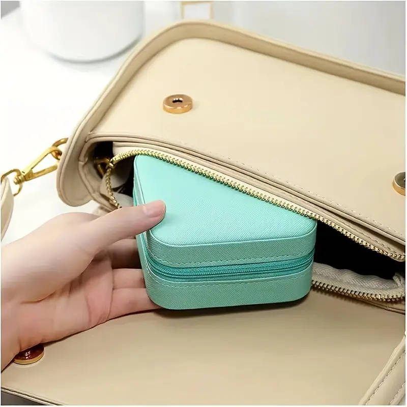 1pc Classic Leather Jewelry Organizer Box with Zipper Closure Tabletop Rectangle Storage Case with F