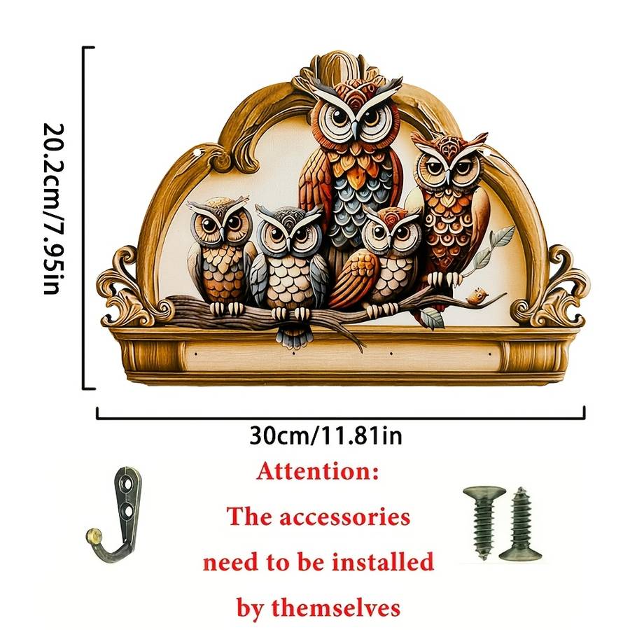 1pc Owl  Floral Wooden Key Hanger with Four Metal HooksColorful Traditional Design for Home Wa
