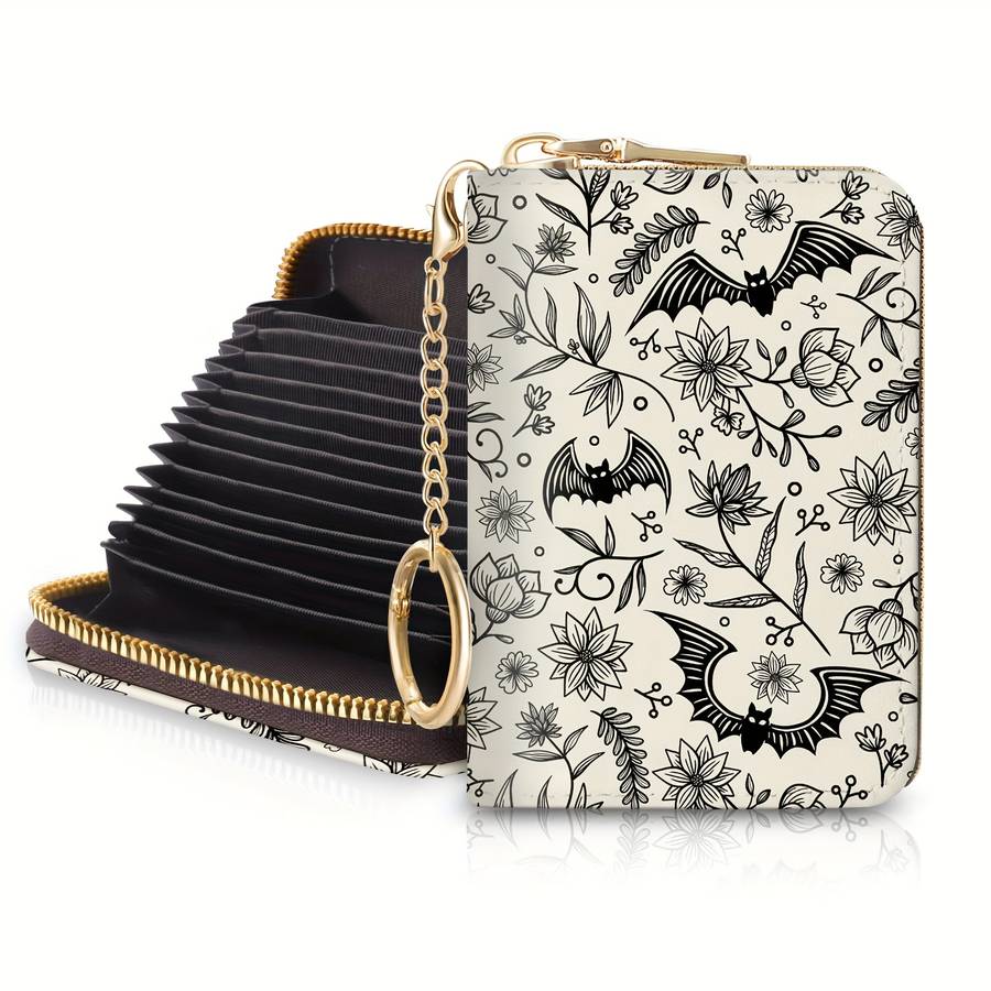 1pc Gothic Bat Zipper Wallet for Women Compact RFID Blocking Card Holder with Keychain Floral