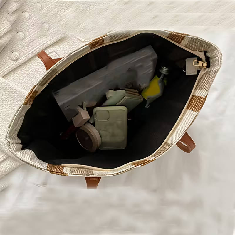 Simple Vertical Stripes Large-Capacity Handbag Brown