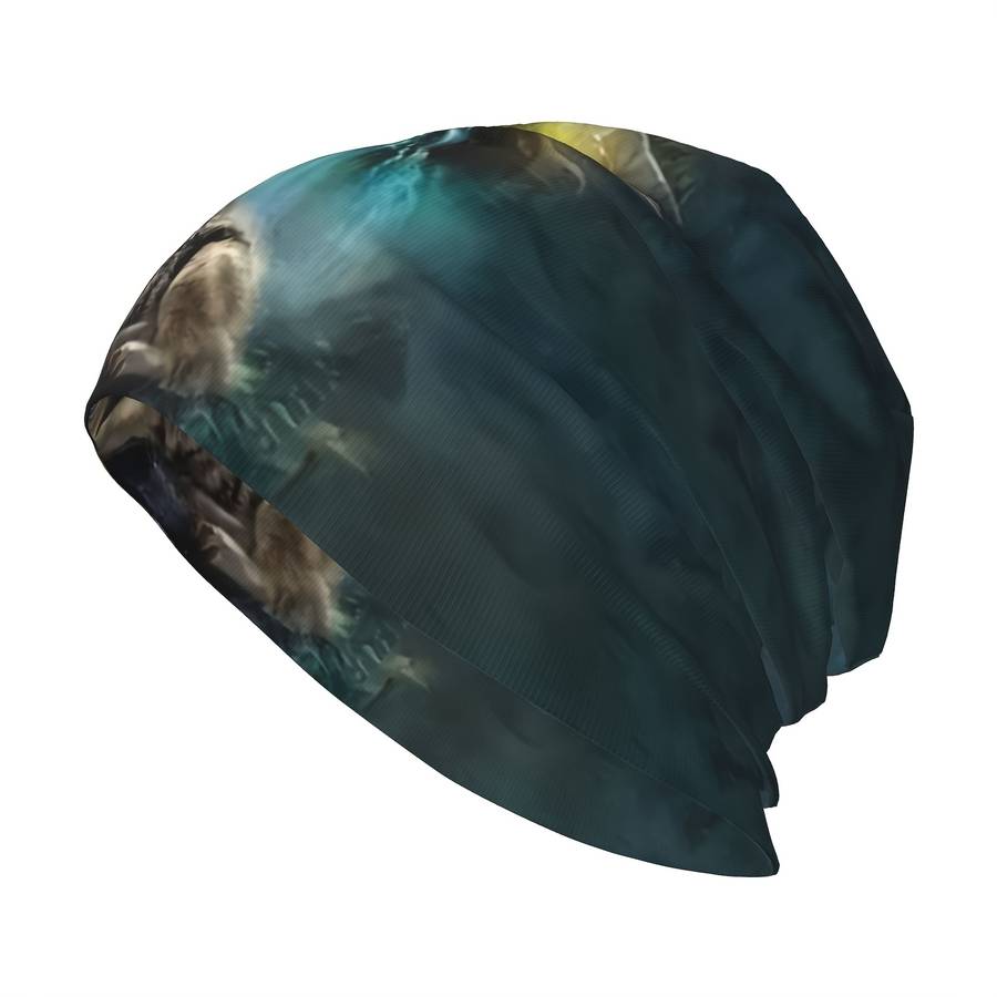 Wolf Print Brimless Skull Cap Polyester Spandex Blend Funky Style Soft Knit Fabric Wit