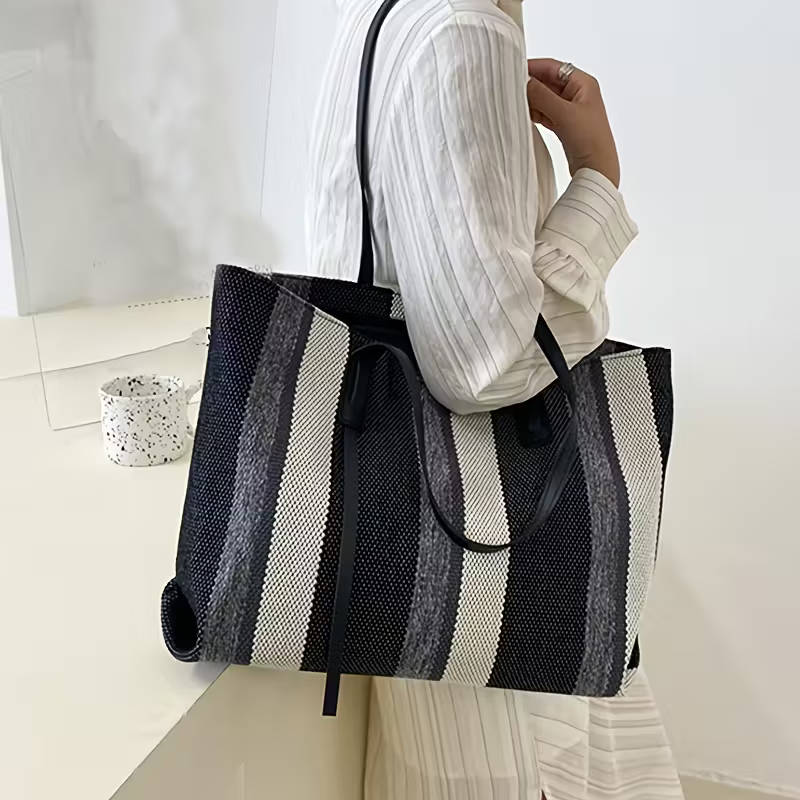 Simple Vertical Stripes Large-Capacity Handbag Brown